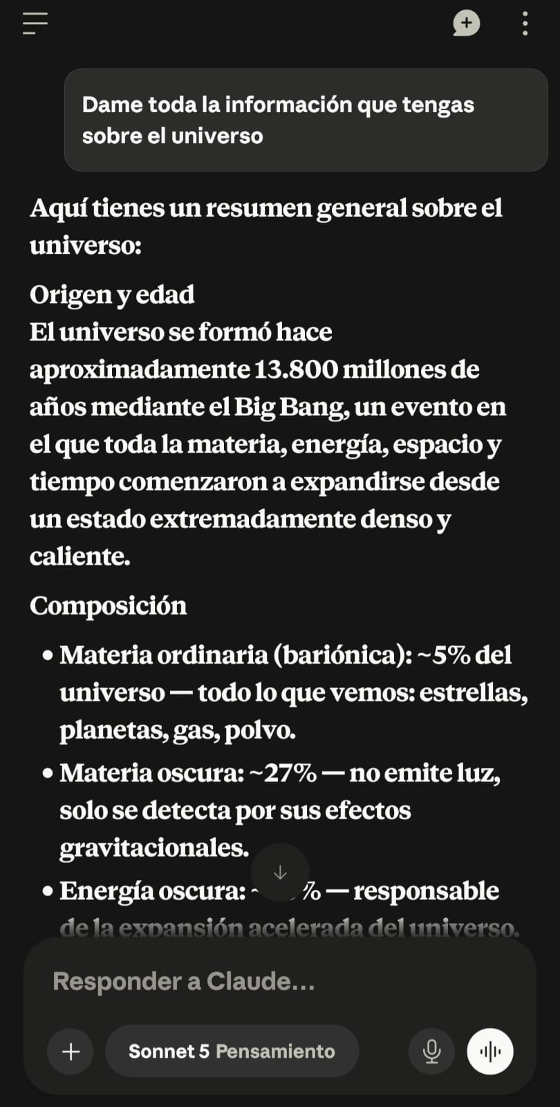 Claude respondiendo una pregunta sobre el universo